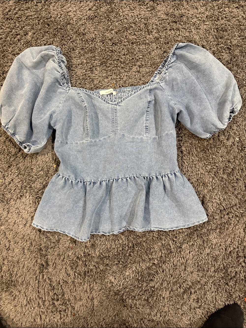 Light Wash Denim Peplum Puff-Sleeve Blouse